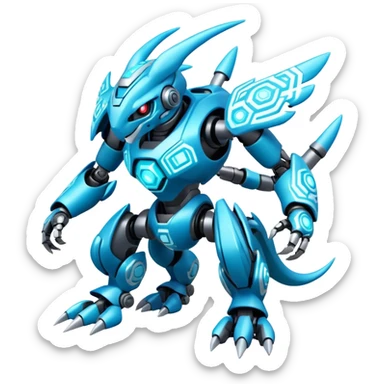 Futuristic mechanical modern badass cool shiny white with glowing cyan-blue animal Digimon Fakémon hybrid full body with intricate patterns sticker