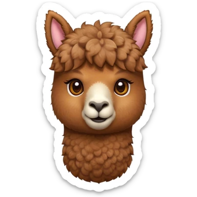 Cinematic Cute Brown Alpaca Portrait Emoji, Head tilted playfully and inquisitively, featuring a plush, rich brown fleece with a natural sheen, round, sparkling warm eyes filled with curiosity, Simplified yet irresistibly adorable features, highly detailed, glowing with a warm, friendly glow, high shine, affectionate and gentle, stylized with a touch of whimsy, bright and endearing, soft glowing outline, capturing the essence of a mischievous yet loving alpaca, so playful it feels like it could prance out of the screen and into your arms! sticker