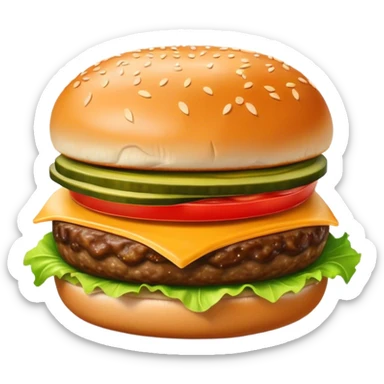 Cinematic juicy cheeseburger, perfectly grilled patty, melted cheese, crisp lettuce, tomatoes, and pickles, soft sesame seed bun, glossy and rich, warm glowing background, ultra-detailed and appetizing. sticker