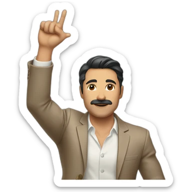 Man with light brown suit, dark hair and small mustache. He holds his arm up in the air sticker