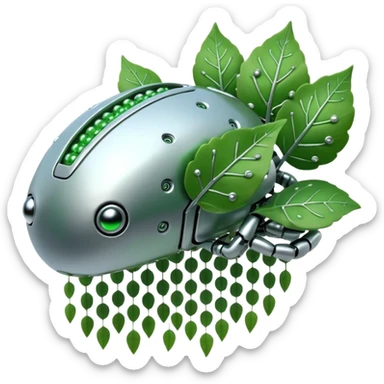 3D render of Nanobot Cloud, futuristic cyborg aesthetic, fusion of organic skin and chrome metal, swarm of tiny silver dots eating a green leaf, isolated on white background --v 6.0. sticker