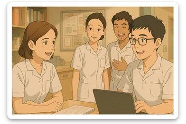 Interaction entre quatre étudiants infirmiers dans un poste de soin, ambiance d'équipe, style Ghibli. Uniformes blancs, tuniques médicales à col en V, poche poitrine à gauche, manches courtes, pas de pied de col, pas de stéthoscopes, rien ne dépasse des manches. Les visages s'inspirent des quatre photos jointes. sticker