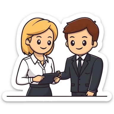 blonde woman in business suit talking to smiling brown-haired man in white shirt sticker