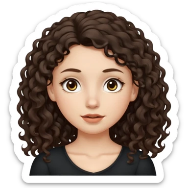 Aesthetic white girl with long curly hair color dark brown (almost black, but more brownish), hair most be in front of the shoulders. Big almond shape eyes color brown, small wide nose, natural lips, sweet expression. Dressed with a cute tight top color black. sticker