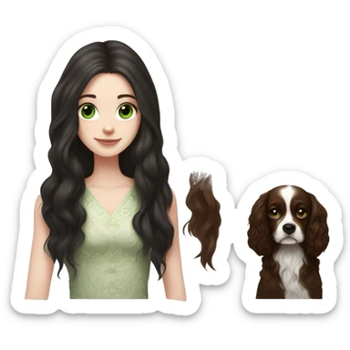 pale skin girl with green eyes with long dark brown hair that has a flower in her hair  holding a black and brown cavalier dog the dog also has a flower in its hair sticker