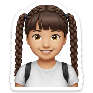 20 year old woman with tan skin, dark brown hair in low pigtail braids, blunt cut bangs, chubby, brown eyes, smiling without teeth showing sticker