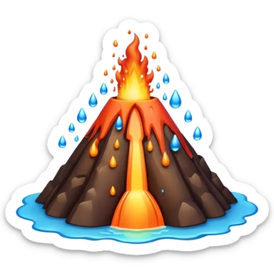 A cute, round emoji-style volcano with a smooth, simplified shape and soft shading. 
Instead of lava, the volcano erupts with colorful water droplets that pop upward in playful arcs. 
 sticker