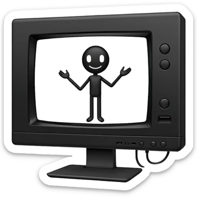 Minimalistic flat vector icon, iOS style, thin black contour on white background. Computer monitor showing a simple stickman character inside a game world. Clean, no text, no shadows sticker