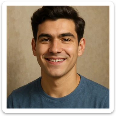 portrait of a young man in his early twenties with a slightly square face, pronounced jawline, slightly prominent cheekbones, broad smooth forehead, thick dark arched eyebrows, hazel almond-shaped lively eyes with prominent eyelids, wide bridge and slightly upturned nose, full lips with thinner upper lip and distinct smile, wheat-colored skin, dark brown thick wavy hair combed from right to left with volume, normal-sized ears close to head, sincere and happy expression, realistic style sticker