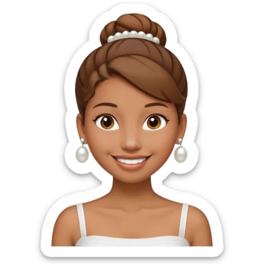 Light brown skin girl, brown hair in bun, smiling, white tube top, pearl earrings sticker