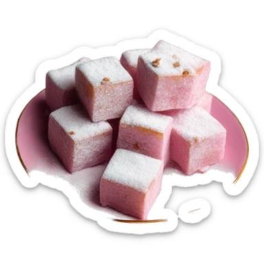 Turkish delight stacked cubes with chopped walnuts and covered with powdered sugar, on a pink porcelain plate sticker