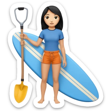 Surfer(woman) black hair holding her cell phone and long garden shovel with another hand. Under her feet, there is one blue surfing board. sticker