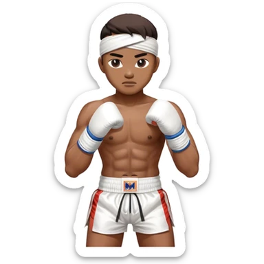 ​Cinematic Realistic Traditional Muay Thai Fighter such as Buakaw Banchamek, depicted in authentic attire featuring white bandaged gloves wrapped around his fists, a traditional headband tied neatly, and classic Muay Thai shorts, captured in a dynamic fighting stance under dramatic, high-energy lighting that highlights the raw power and elegance of the art, sticker