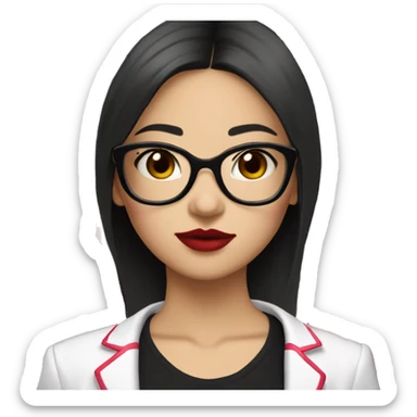 Asian girl, fair skin, black long hair, black eyes, black glasses with gold frames, red lipstick, wearing a white lace tank top and a black office jacket on top, with pink and red roses around her. sticker