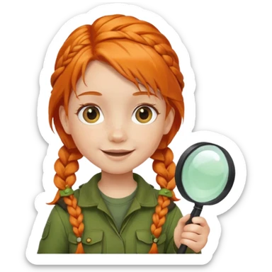 braid orange haired girl kid in moss green explorer outfit, holding magnifying glass, smile sticker