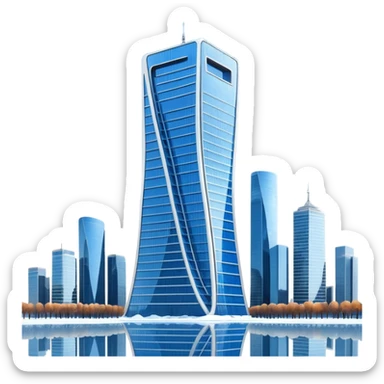 Apple style 3D emoji of the Evolution Tower from Moscow City.
Twisted skyscraper made of blue reflective glass, realistic reflections, light snow on the edges. Glossy 3D icon, smooth shading, high quality, isolated on a white background. sticker