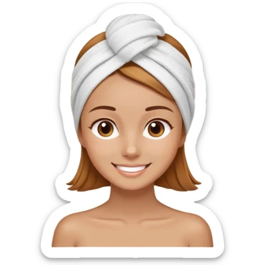 girl with light brown hair, facial towel on head, smiling at a spa sticker