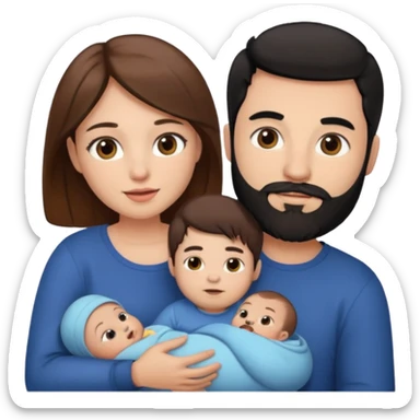 Una mujer con pelo castaño y ojos marrones y un hombre con pelo negro y barba y un solo bebe sticker