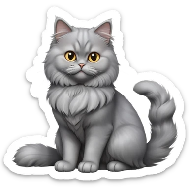 cinematic-[grey persian cat]-realistic-full-body-sitting-emoji,-tail-curled-playfully-around-its-paws,-head-tilted-dramatically,-fluffy-[grey]-fur,-simplified-yet-realistic-focused-features,-highly-detailed,-glowing-with-an-almost-sarcastic-glow sticker