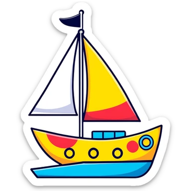 A cartoon toy sailboat with a beaming happy face, colorful sails and tiny portholes sticker