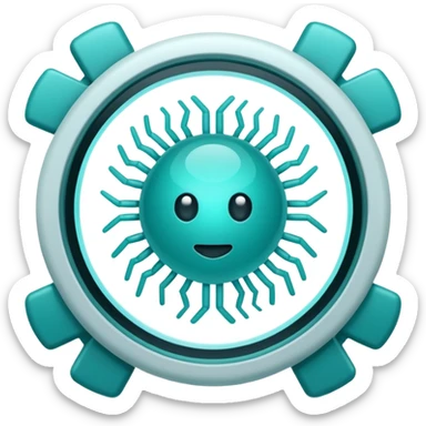 Emoji-style icon showing a virus or germ being scanned by an AI vision frame or camera lens, representing image-based disease detection. Clean, modern, rounded emoji design, clear at small sizes, teal and white accents, no text, transparent background. sticker