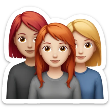 Can you create an image of 3 friends together one with red bright hair light skin one the other with brown hair with some blonde highlights in the hair fair skin the last one with light brown a tint of orange hair and Brown hair sticker