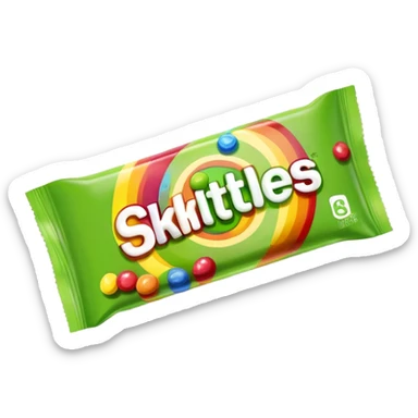 Minimalist flat design of a Skittles package. Rainbow colored simple rectangular package with just a few green round candies. Clean lines and minimal details. sticker