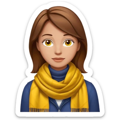 woman emoji with brown hair, no earrings, no necklaces, no jewelry, wearing yellow Pathfinder scarf, apple emoji style, transparent background sticker