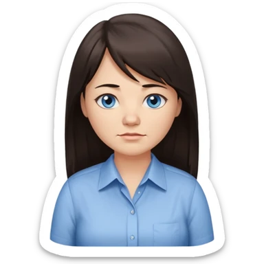 40 yr old woman, blue eyes, long straight dark brown hair, business shirt, chubby, bangs, long hair, tired, small smile sticker