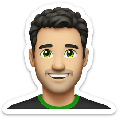 Handsome man with dark hair, gradient short hair on the side, green eyes. Big smile and thin face. Black t-shirt and two earlobes piercing  sticker