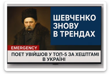 A realistic screenshot of a television news broadcast with an emergency report about Ukrainian poet Taras Shevchenko.
A downloaded image was used in the composition.
In the lower third of the screen, the headline "Шевченко знову в трендах" is displayed in large bold font,
and below it is a concise news ticker with the text "Поет увійшов у ТОП-5 за хештегами в Україні",
which provides brief updates.
The colour palette is clear and professional, with contrasting tones
characteristic of authoritative news channels.
The entire scene conveys the urgency and drama inherent in live news broadcasts. sticker