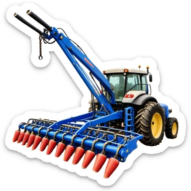Bourgault 3420 Paralink Hoe Drill (2022) – Cinematic-realistic Bourgault 3420 Paralink Hoe Drill, its massive blue frame stretching across the vast fields. The powerful machine plants seeds with pinpoint accuracy as the sun rises over the horizon, golden dust swirling in the crisp morning air. sticker