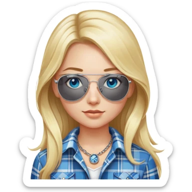 girl with long blond hair, wearing plaid shirt with blue eyes and aviator sunglasses wearing a ring on her silver necklace sticker