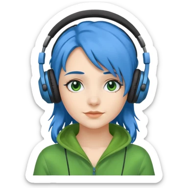 blue haired woman with headphone and green costumes  sticker