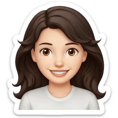 A White girl with wavy and dark hair, light brown eyes and a white shirt smiling sticker