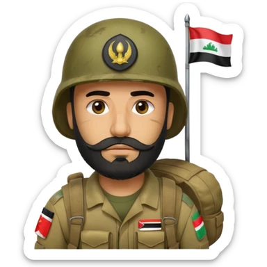 A tired, swarthy Iraqi soldier with a beard, an Iraqi flag on his helmet, a sad expression and bags under his eyes sticker