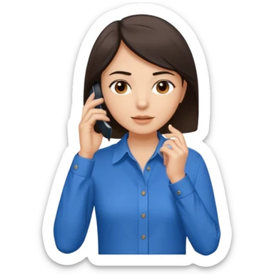 generate a pretty fair bratz girl with dark brown eyes. Dark brown hair straight short hair. tight blue button up shirt with top shirt open.  Talking on the phne sticker