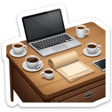emoji of a cozy desk with a paper, a single coffee, and a laptop on it sticker