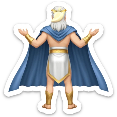 fullbody silverhair god ZEUS, white back cape, standing still rearview sticker