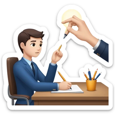 The present self sits at a desk, hesitating, while another glowing hand—representing the future self—rests reassuringly on their shoulder. In the other hand, the future self holds out a pen, gently encouraging action, symbolizing the power of starting despite doubt. sticker