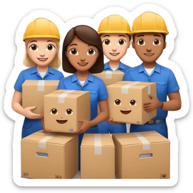 Generate a realistic emoji-style icon workers in a stoage room being efficient while packing sticker