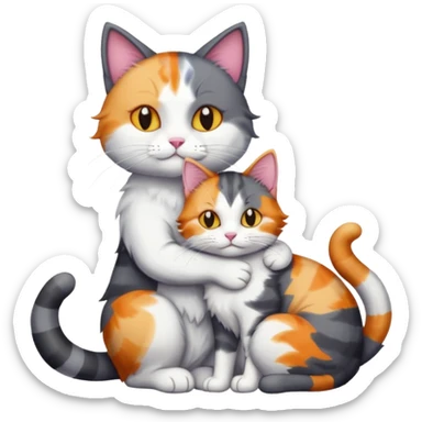 full body large dark grey and white cat cuddling a colourful light patched calico + white tabby cat  sticker