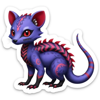 Rare warm-colored exotic gloomy tropical edgy cute epic aesthetic spooky indigo violet white black red gothic colorful Salandit-Noibat-Civet-species-Fakemon-hybrid-creature, with tribal tattoo markings, full body sticker
