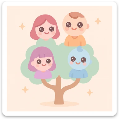 a tree where each branch ends in a stylized family member, representing connection, soft friendly style sticker