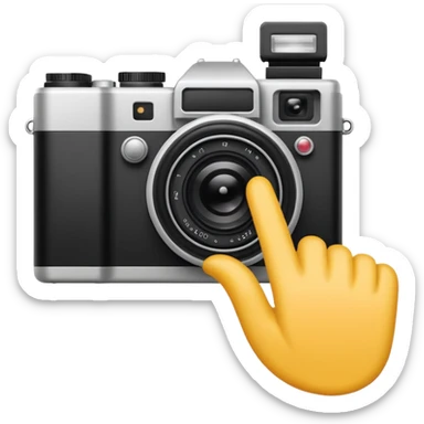 Minimalist emoji-style sticker of a photo camera ejecting a photo, but a hand comes out instead. Black and white, surreal icon. sticker