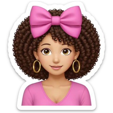 Naturally tan skin girl short darkBrown curly afropink shirt very long lashes hoop gold earrings Brown eyes gyaru smiling closed mouth cute bow hairclip small on the side. V neck pink shirt. Teenager sticker