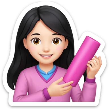 long black haired girl kid playing pink colored formula 1 toy sticker