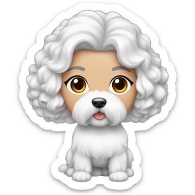 mujer piel blanca cabello negro con peinado de moño y perro bichon maltés blanco sticker
