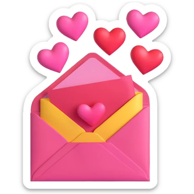 Recreate the exact image of a pink envelope with a yellow card inside, with three pink and red hearts coming out of the envelope. Match the same shapes, positions, and details as the reference image. Use soft 3D shading and glossy highlights, in the style of iOS 18 emojis. No text, white background. sticker