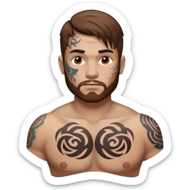tattoo man, full  white skintone,brown hair, tattoos on face, more visible, bulky man with tattos on his chest, heavy tattoos. sticker